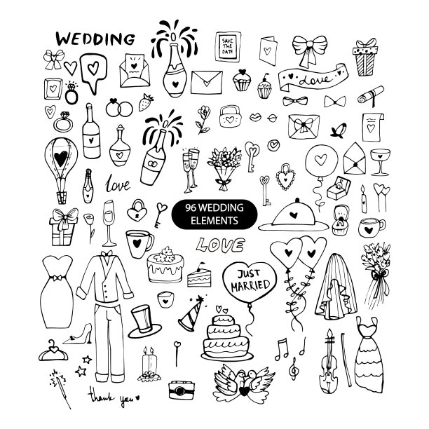 婚礼涂鸦集合了96个手绘元素图片下载