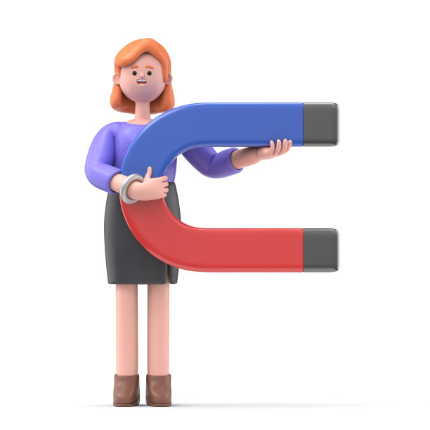 3D插图微笑的女商人艾伦站在他的手磁铁。3 d图像。白底3D渲染。图片下载