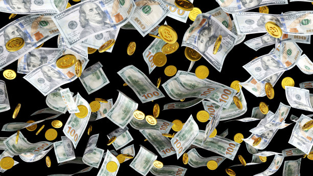 坠金币和美元钞票，商财概念。3 d渲染。图片下载