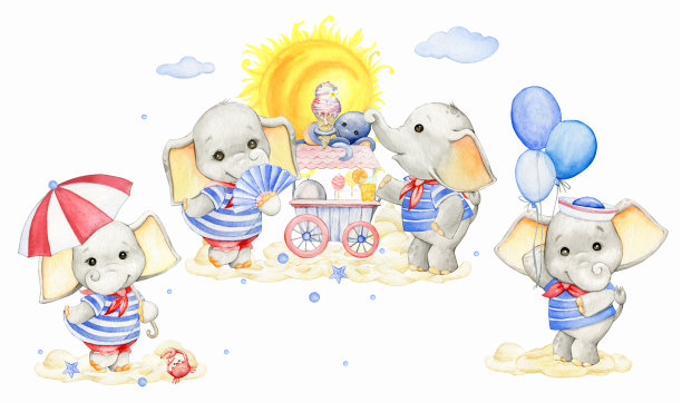 小象，在水手服装，气球，冰淇淋，太阳，螃蟹，雨伞，水彩集，剪贴画，在一个孤立的背景。图片下载