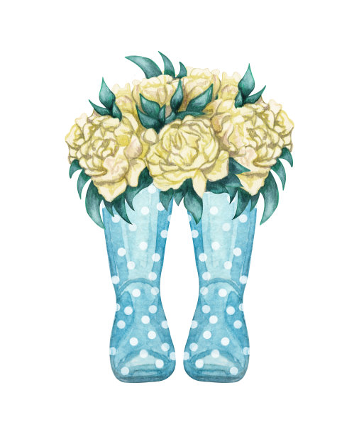 水彩雨靴与花朵插图在普罗旺斯风格。橡胶靴。束鲜花。用于印刷在明信片，贴纸，记事本，纺织品，文具。图片下载