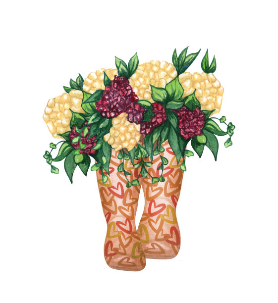 水彩雨靴与花朵插图在普罗旺斯风格。橡胶靴。束鲜花。用于印刷在明信片，贴纸，记事本，纺织品，文具。图片下载