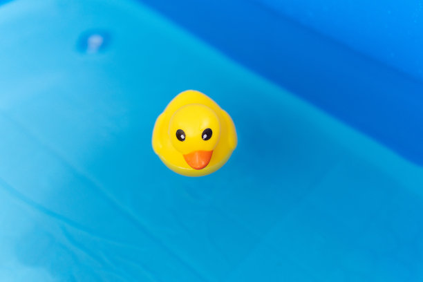 迷你泳池上的黄色鸭子玩具图片下载