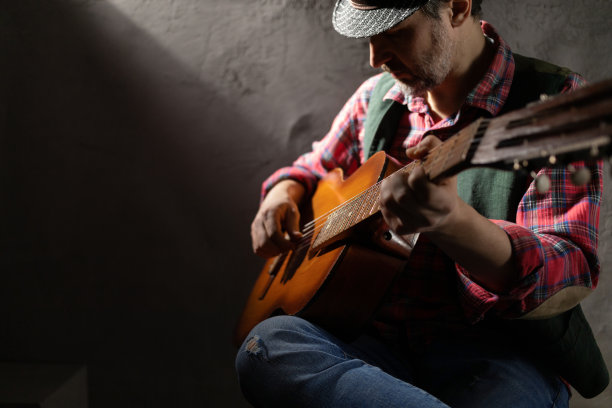 人弹吉他。音乐家在工作室与经典的原声吉他附近的墙壁图片下载