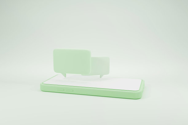 两个绿色泡泡聊天或评论与概念社交媒体在线上移动。3D卡通智能手机与最小的泡泡聊天，绿色背景，3D渲染插图。图片下载