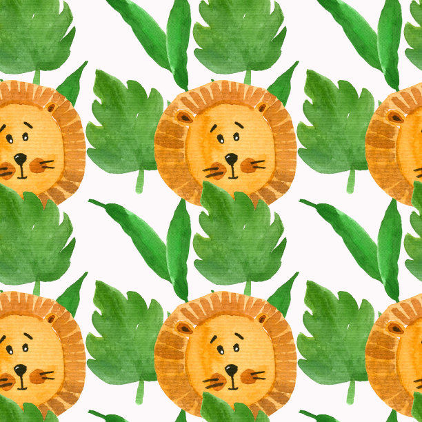 狮子口和植物的无缝水彩图案。图片下载