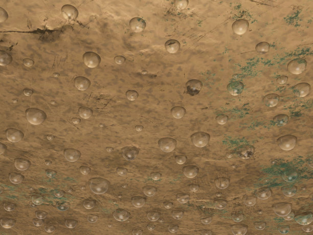 被腐蚀和肮脏的黄铜金属墙上的水滴的3D插图。图片下载