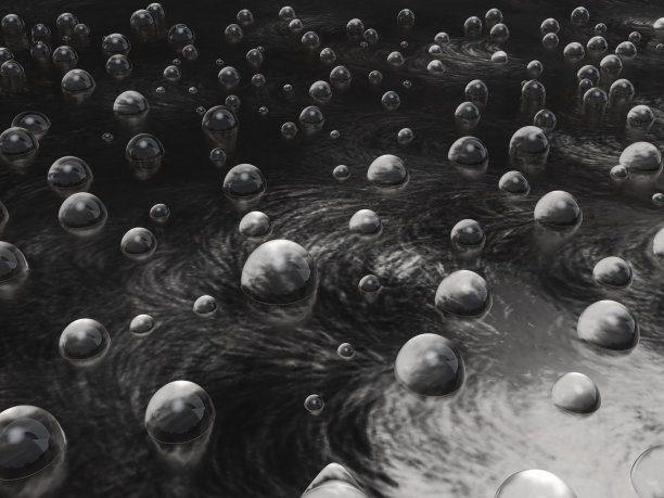 水滴在抛光钛金属墙上的3D插图。图片下载