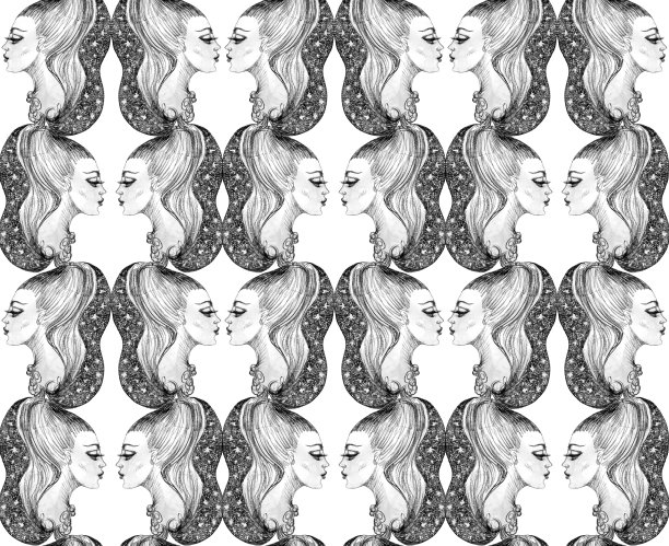梦幻锦缎无缝图案从古董铅笔画。美丽的仙女头像在白色背景上图片下载