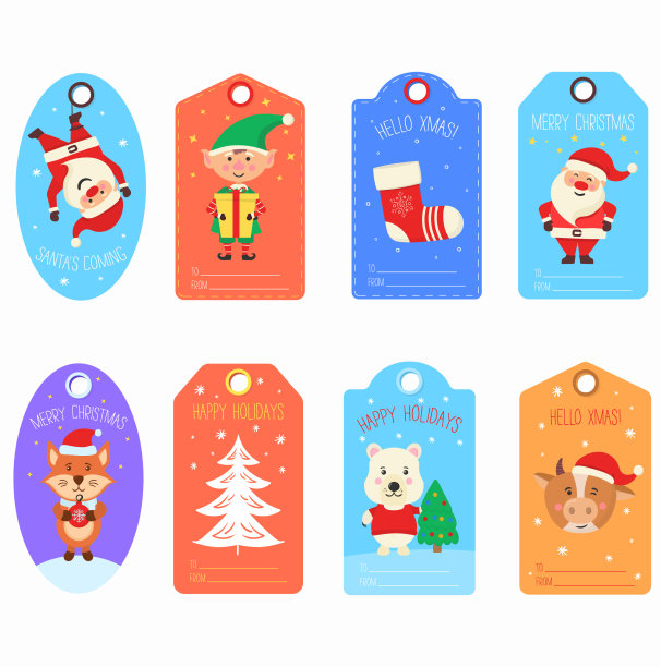 圣诞礼物标签与动物和人物图片下载
