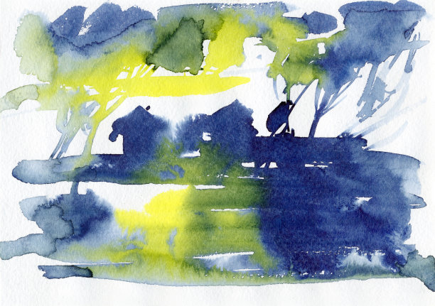 河边的村庄。渔村。水彩。图片下载