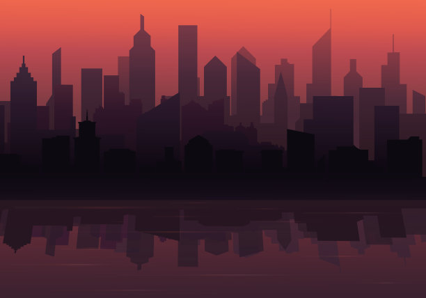 一个大城市的剪影和美丽的日落图片下载