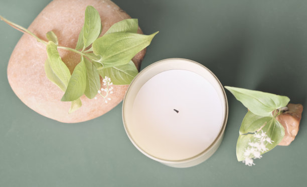 大豆蜡蜡烛与森林的香味。家里的味道，绿色背景上的植物和石头。前视图。安静放松的氛围和安静的氛围。图片下载