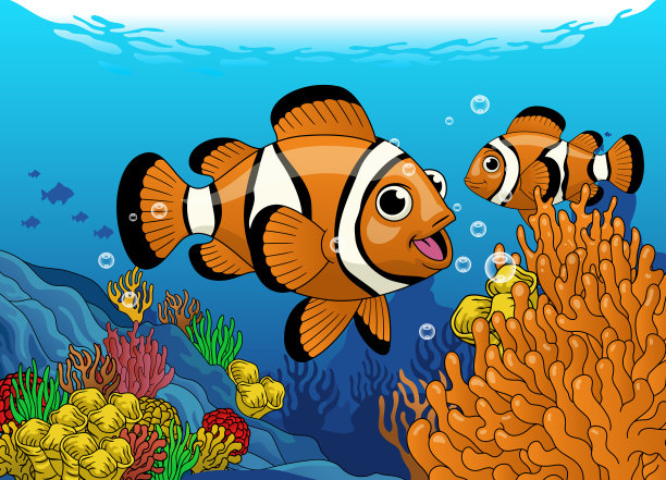 可爱的卡通小丑鱼在珊瑚礁图片下载