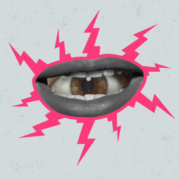 当代艺术拼贴。眼睛在人嘴里的概念图像。控制言语、影响力、虚伪图片下载