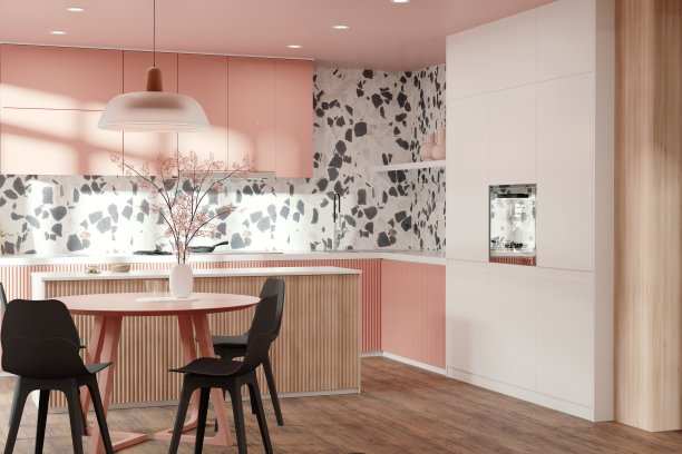 厨房室内设计采用现代风格，水磨石墙和粉色橱柜图片下载