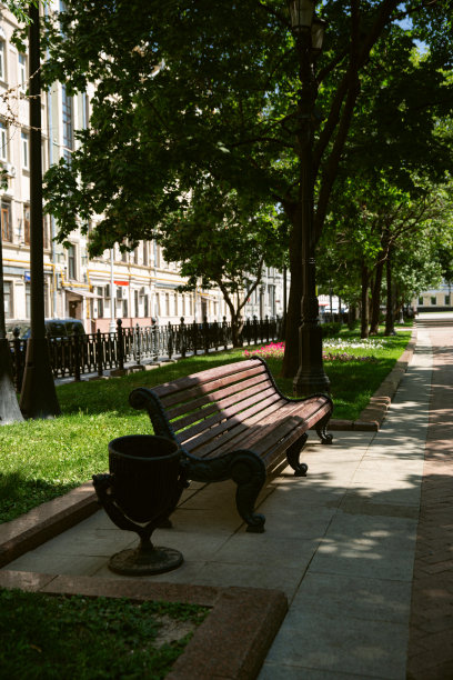 阳光明媚的春天，有树的公园长椅图片下载