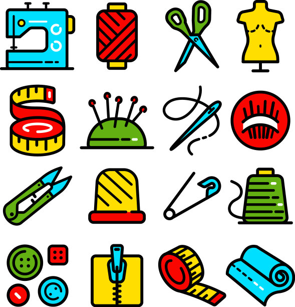 缝纫相关的颜色图标设置在白色孤立图片下载
