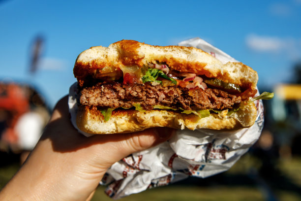 公园露天街头食品市场上的汉堡。图片下载