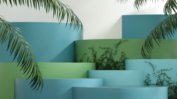 现代蓝色和绿色基座与棕榈叶背景- 3D插图图片下载