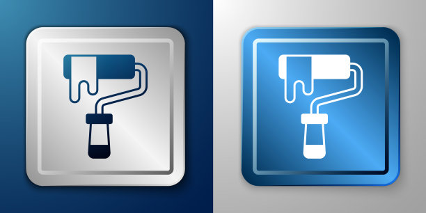 白色涂料辊刷图标孤立在蓝色和图片下载