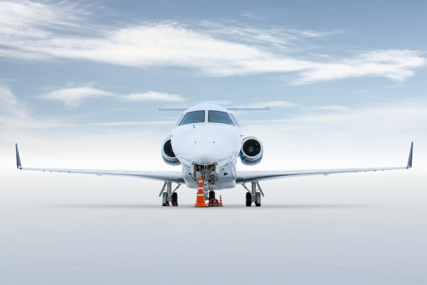 前视图的豪华公司飞机孤立在明亮的背景与天空图片下载