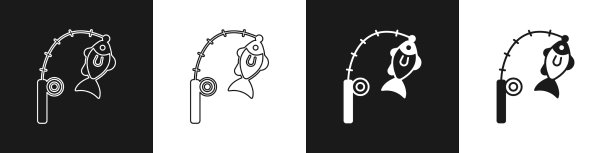 设置钓竿和鱼图标孤立在黑色图片下载
