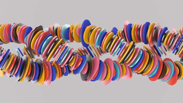 螺旋与明亮多彩的圆圈形状。灰色的背景。抽象插图，3d渲染。图片下载