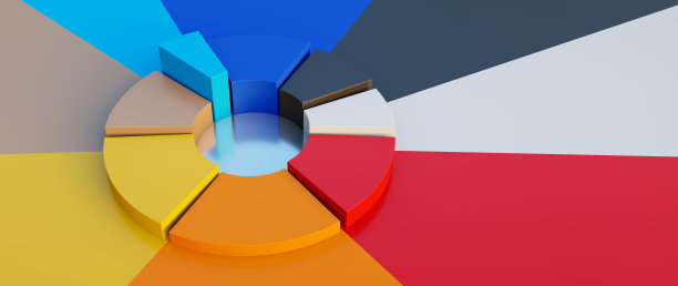 分段多色甜甜圈三维图表在一个闪亮的多色表面背景。直接上图，特写构图。图片下载