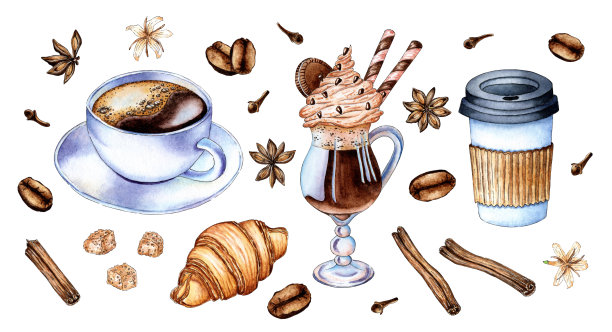 一套水彩画咖啡在一个白色的杯子图片下载