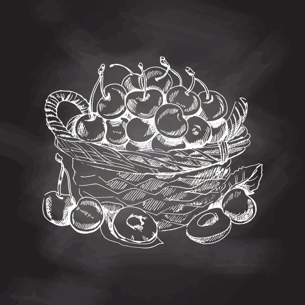 矢量手绘白色素描在黑色黑板上。有樱桃的柳条篮子。夏果雕刻风格插图。图片下载
