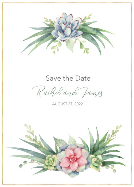 水彩矢量手绘婚礼邀请卡模板。设计有绿色植物、仙人掌和多肉植物。明信片插图，日期保存，贺卡设计，欢迎卡，花卉邀请。图片下载