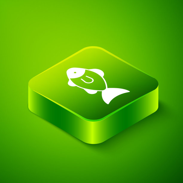 在绿色背景上孤立的等距鱼图标图片下载