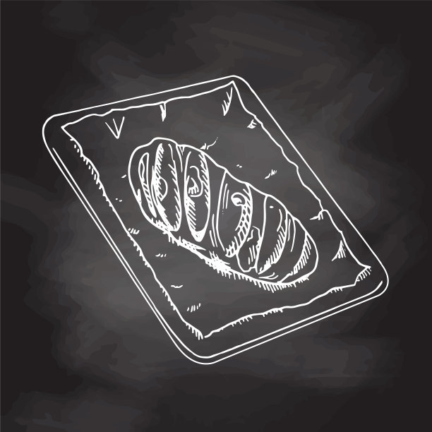 矢量手绘插图面包在烤盘。白色素描孤立在黑色黑板上。素描图标和烘焙元素的印刷，网络，移动和信息图。图片下载