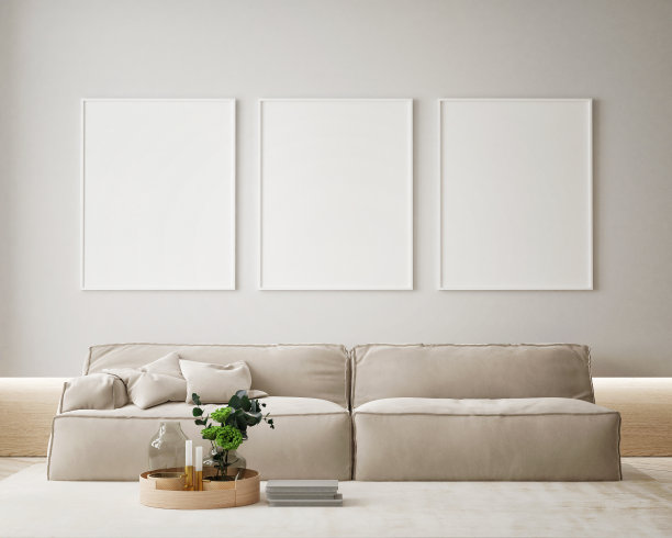 模拟海报框架在现代室内背景，客厅，斯堪的纳维亚风格，3D渲染，3D插图图片下载