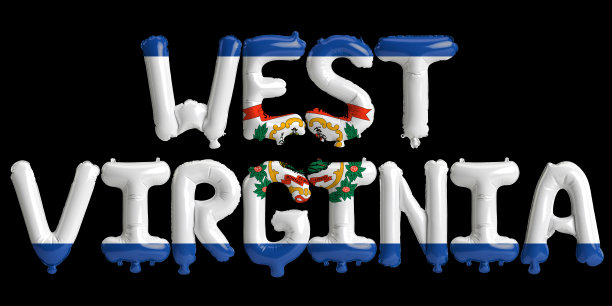 3d插图西弗吉尼亚州字母气球与州国旗颜色孤立在黑色背景图片下载