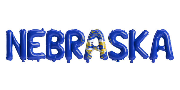 内布拉斯加字母气球的3d插图，白色背景上独立的州旗颜色图片下载