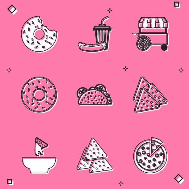 设置甜甜圈苏打水和热狗快餐快餐车图片下载