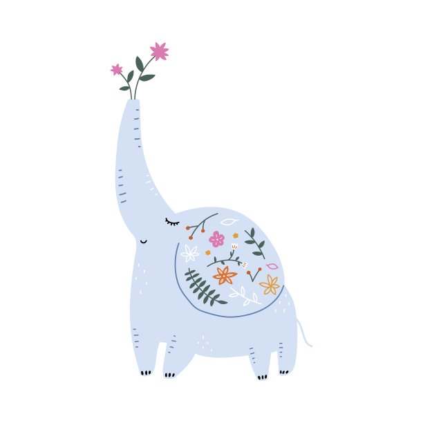 矢量手绘儿童插画，白色背景上有一只可爱的大象。适合明信片、海报、墙画、儿童房装饰。图片下载