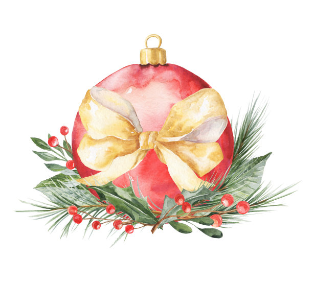 水彩红色圣诞球与弓，浆果和冷杉枝在白色的背景。圣诞水彩作文。图片下载