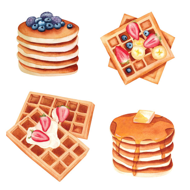 一套华夫饼和煎饼。孤立的白色背景上的水彩插图。图片下载