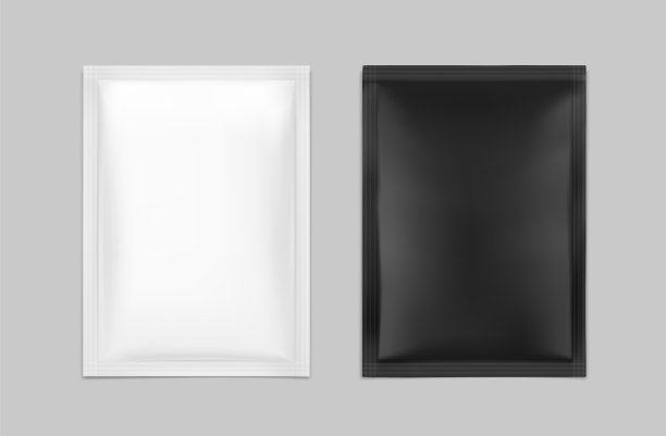 黑色和白色四边密封包装食品，化妆品和卫生。图片下载