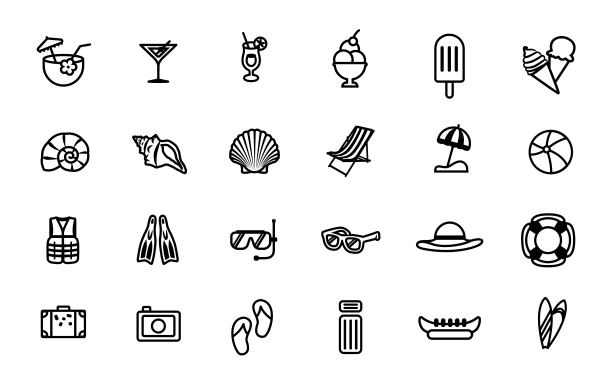 夏季线条图标集，旅游符号集合，矢量草图，海滩图标，旅游标志线性象形包图片下载