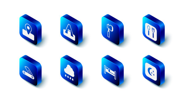 设旅游帐篷、木斧、叉、勺、月图片下载