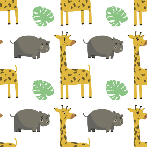 柔和可爱的丛林动物与树叶无缝图案背景EPS图片下载