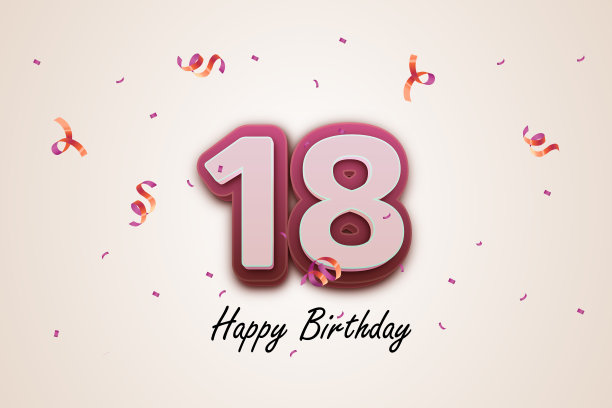 18岁生日快乐3D数字18，美丽的贺卡，和海报邀请t恤打印现代孤立的设计模板为生日庆祝。图片下载