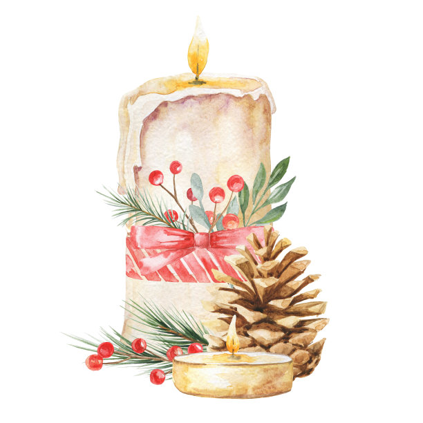 白色背景装饰的水彩圣诞蜡烛。水彩画贺卡。图片下载