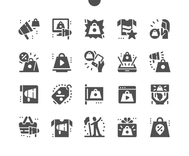 产品推广。热卖打折。视频广告。在线商店。启动子。矢量图标。简单的象形图图片下载