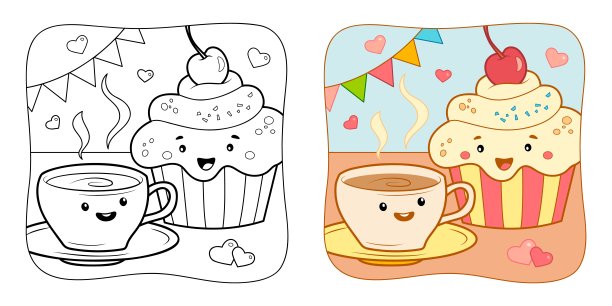 儿童填色书或填色页。茶和蛋糕矢量剪贴画。自然背景。图片下载