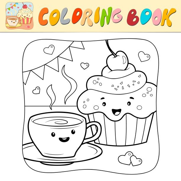 儿童填色书或填色页。茶饼黑白矢量。自然背景图片下载